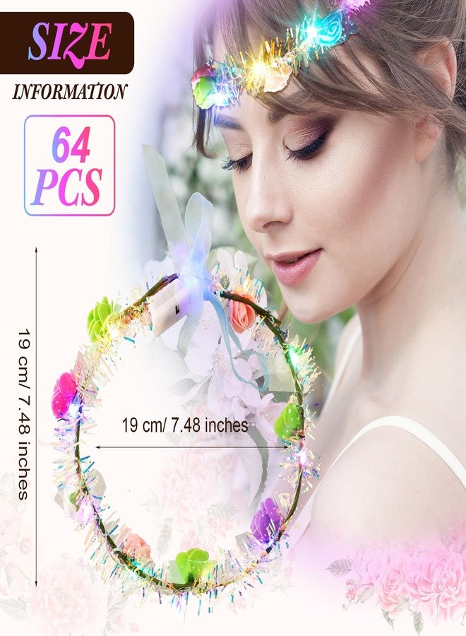 Yunsailing 64 Pcs Mardi Gras Light up Flower Crown LED Glow Party Headband Girl Headpiece Glowing Floral Headdress(Elegant) - Image 2